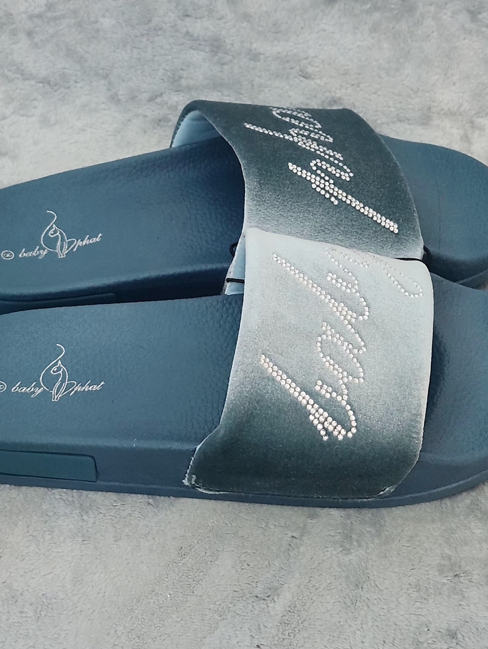 Baby Phat Rhinestone Script Logo Slide Sandals, Size: 8 Color: Teal - Picture 7 of 7